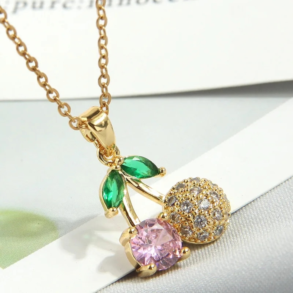 Gold Cherry Pendant Necklace with Pink and Green Accents